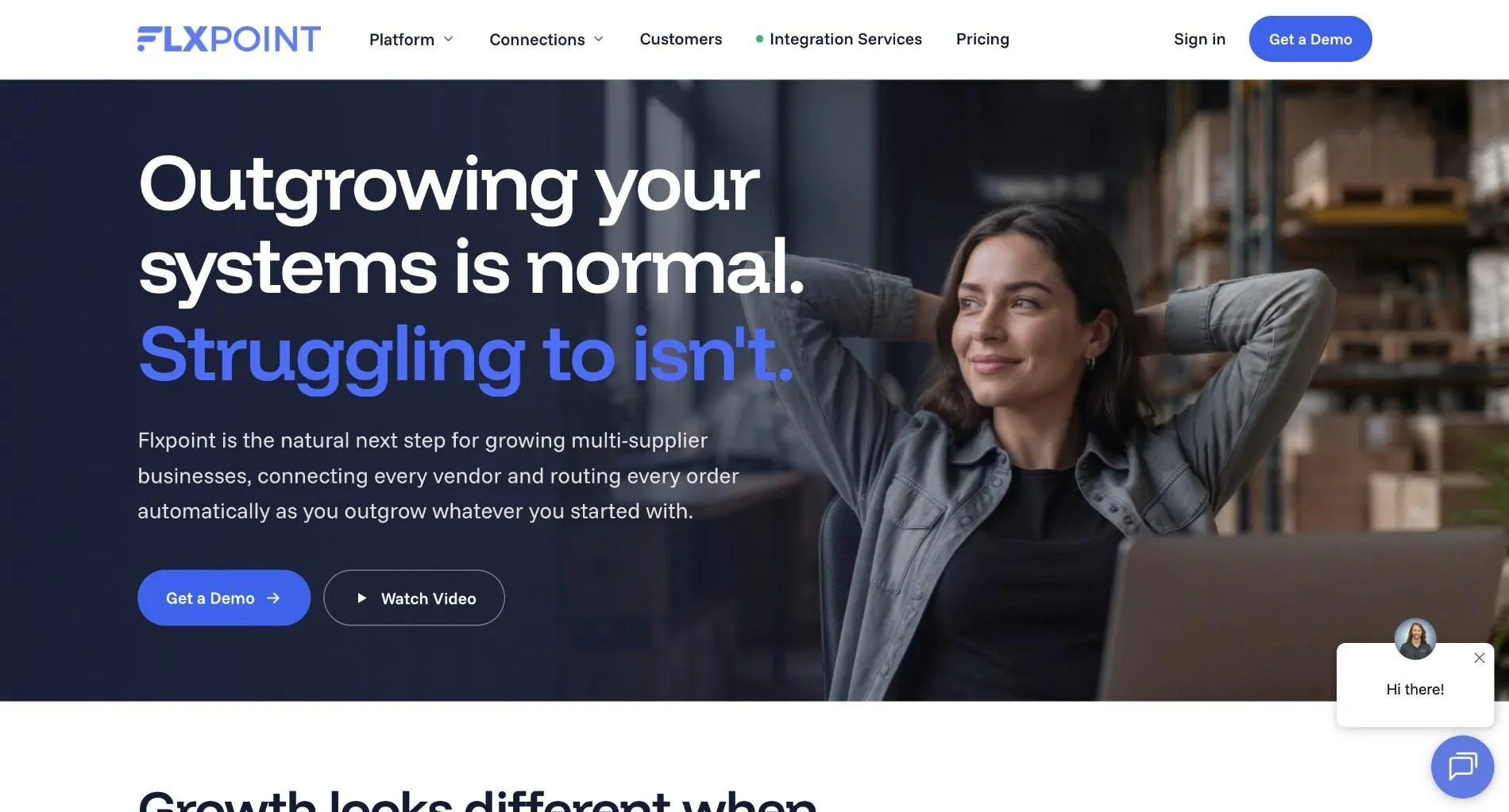 Flxpoint homepage with the headline "Outgrowing your systems is normal. Struggling to isn't." and a person relaxing in a warehouse.