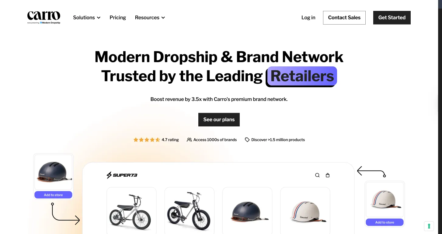 Carro homepage with a Super73 store demo showing bikes and helmets with Add to store buttons