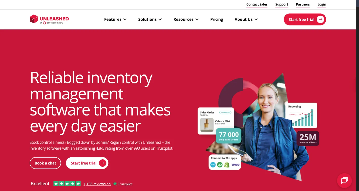 Unleashed homepage with a warehouse worker, a sales order card, and a reporting chart
