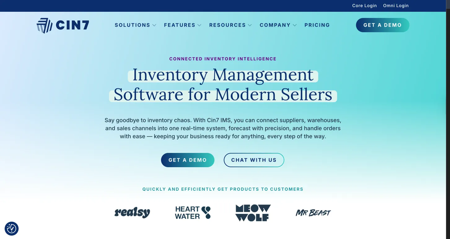 Cin7 inventory management page with demo and chat buttons and customer logos