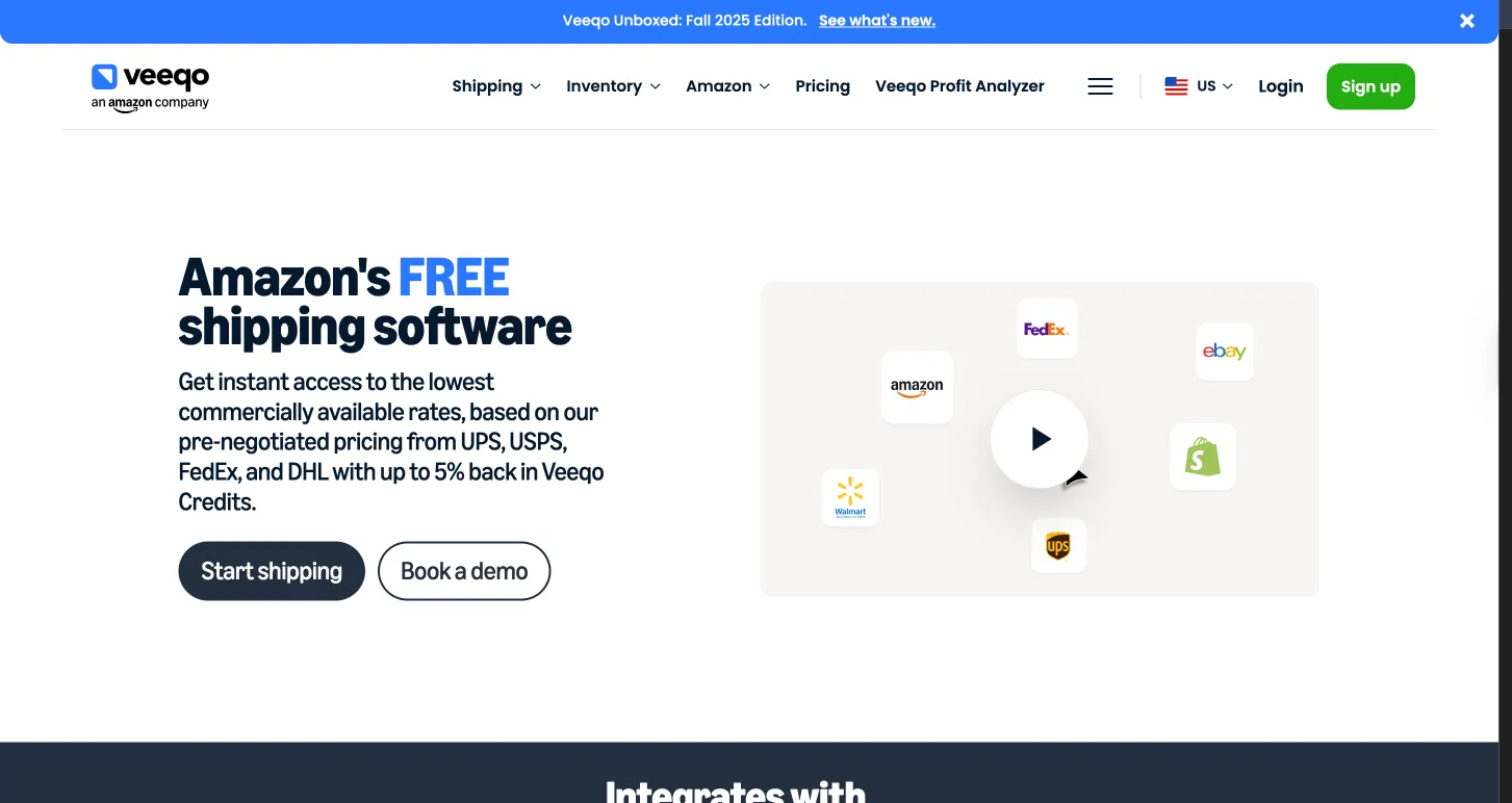 Veeqo shipping software page with a video tile of carrier and marketplace logos