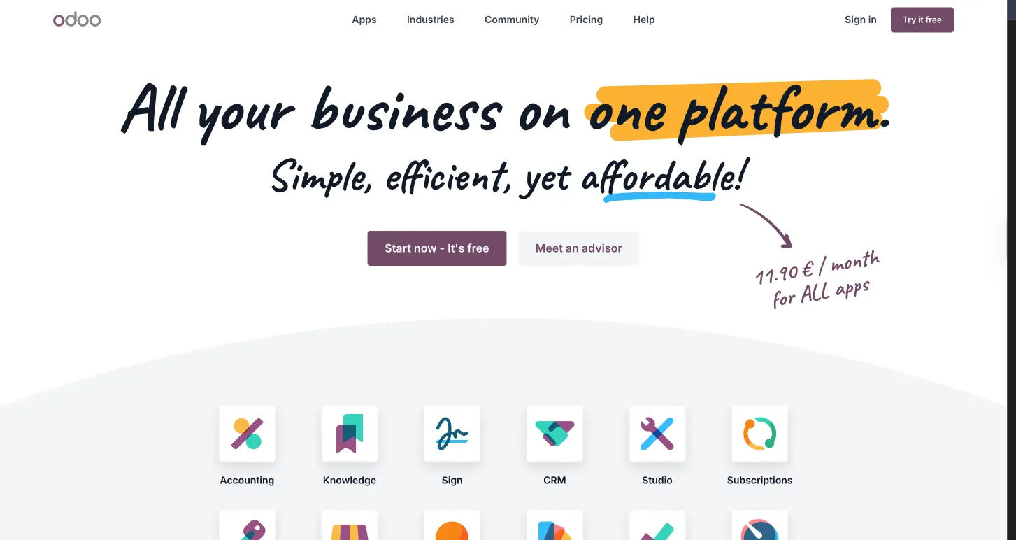 Odoo homepage with app icons for Accounting, Knowledge, Sign, CRM, and Studio