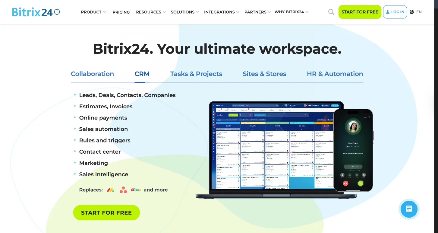 Bitrix24 CRM tab with a deals board on a laptop and a call screen on a phone