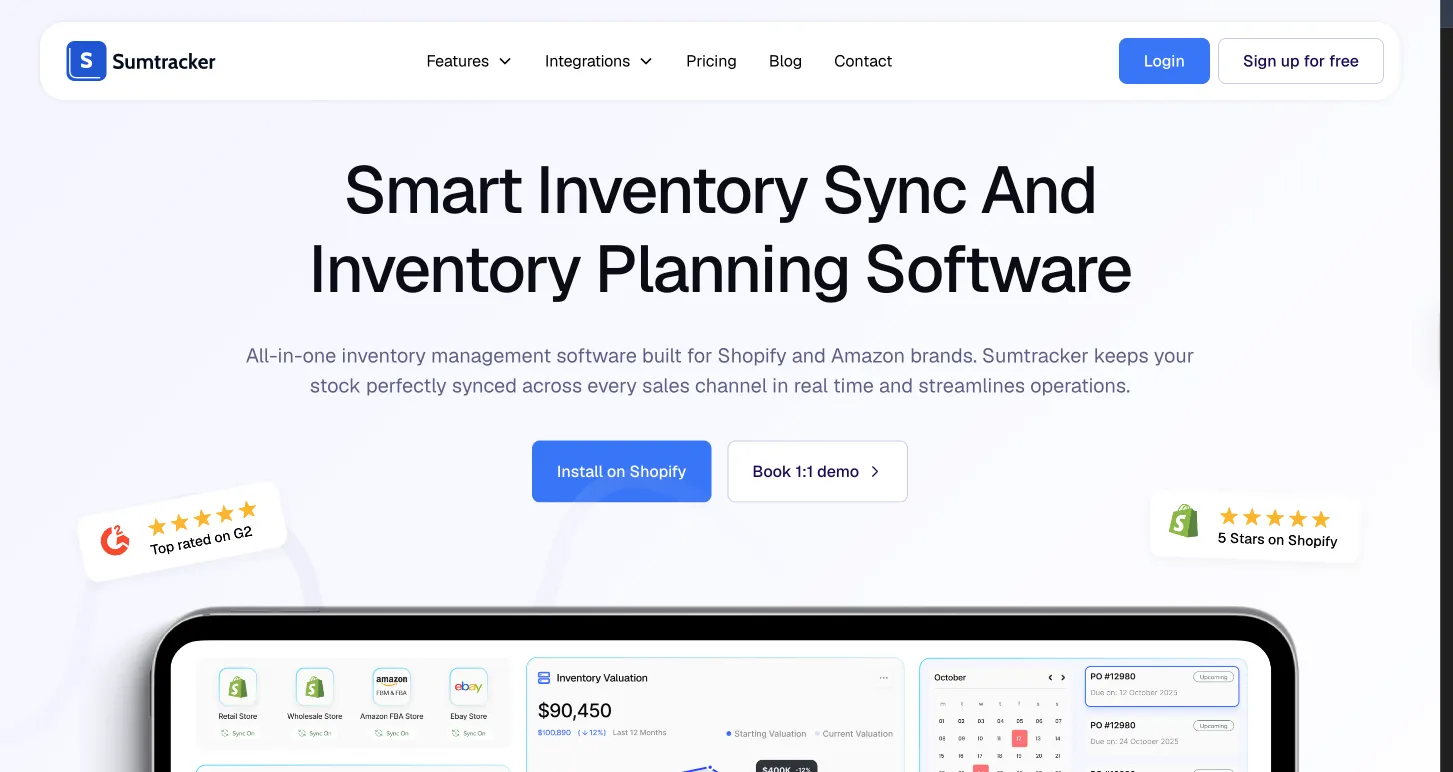 Sumtracker homepage with store sync tiles, an inventory valuation chart, and a PO calendar