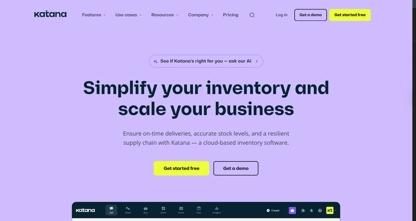 Katana homepage on a lavender background with the top of the app navigation