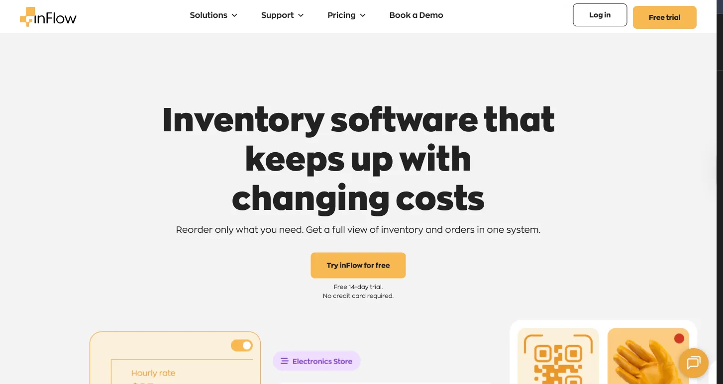 inFlow homepage with a free trial button above product cards