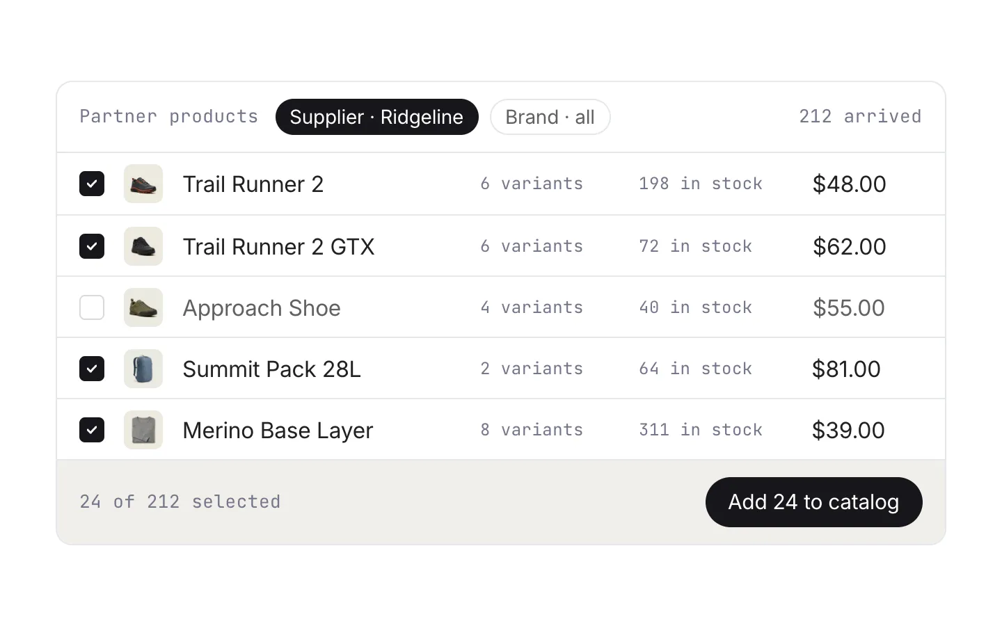 A partner product list filtered to one supplier, with variants, stock, and prices, and twenty-four products selected to add.