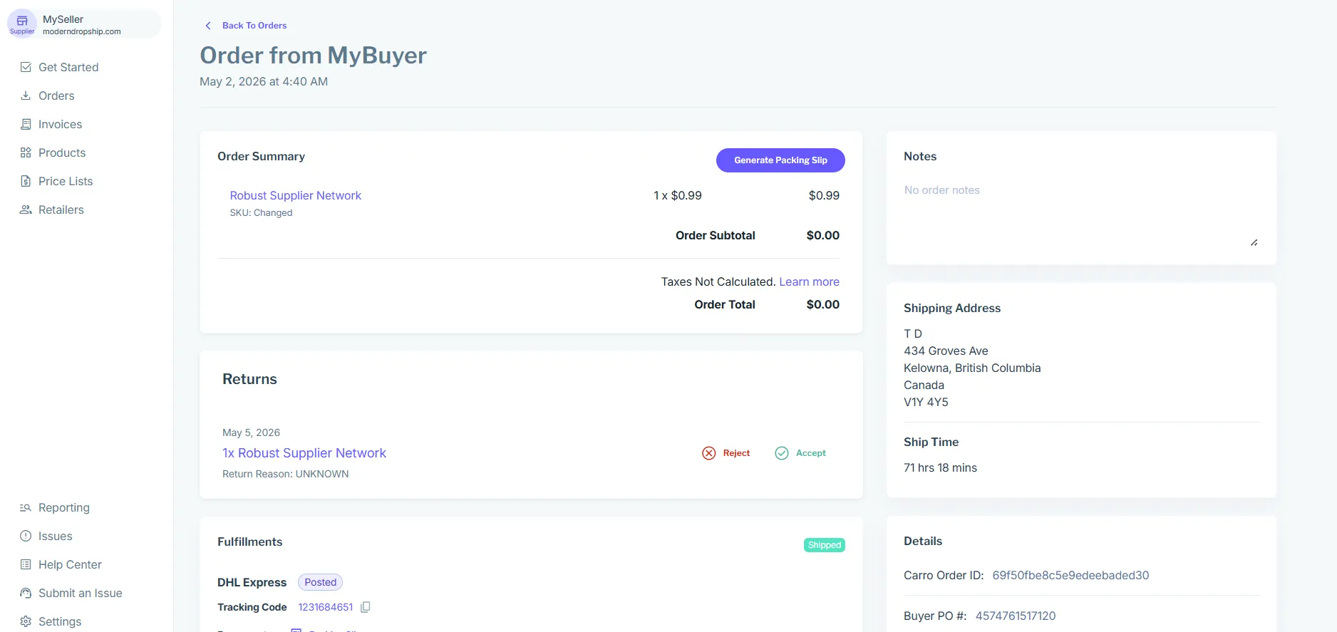Modern Dropship supplier order page with a return request, DHL Express tracking code, and Shipped status
