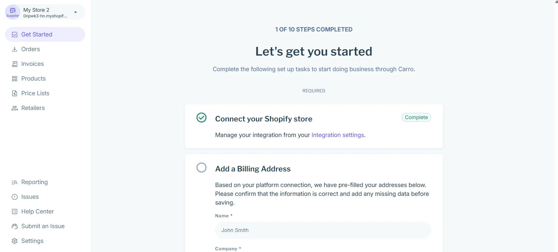 Carro supplier setup checklist with a completed Connect your Shopify store step