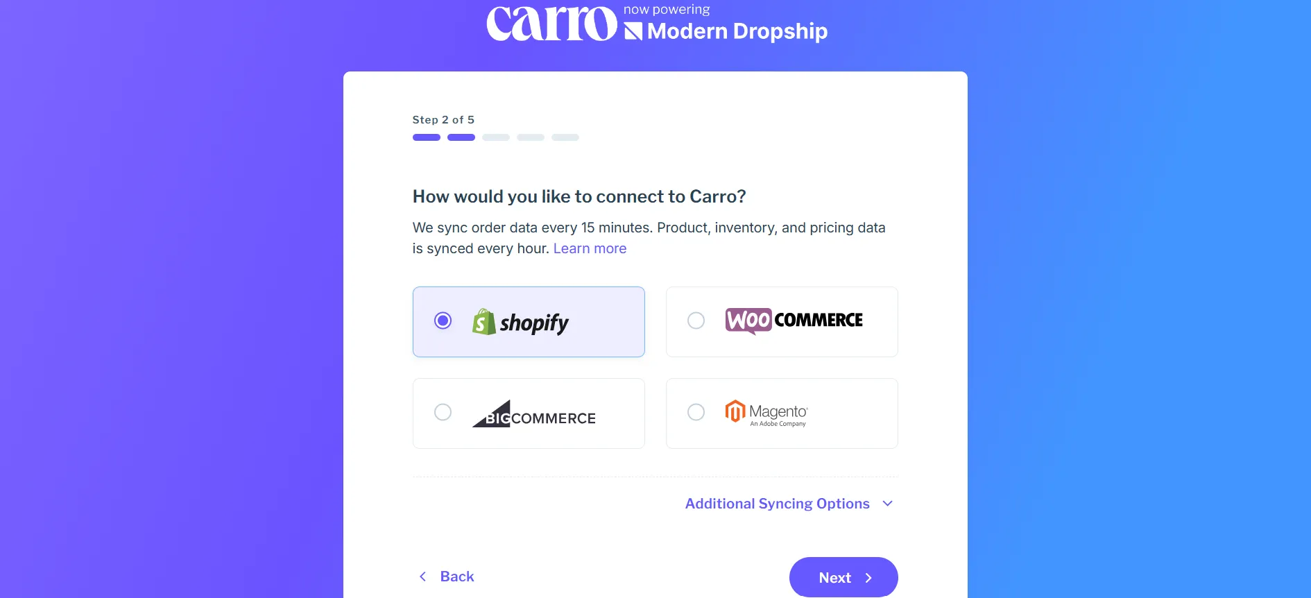 Carro setup step asking how to connect, with Shopify, WooCommerce, BigCommerce, and Magento options