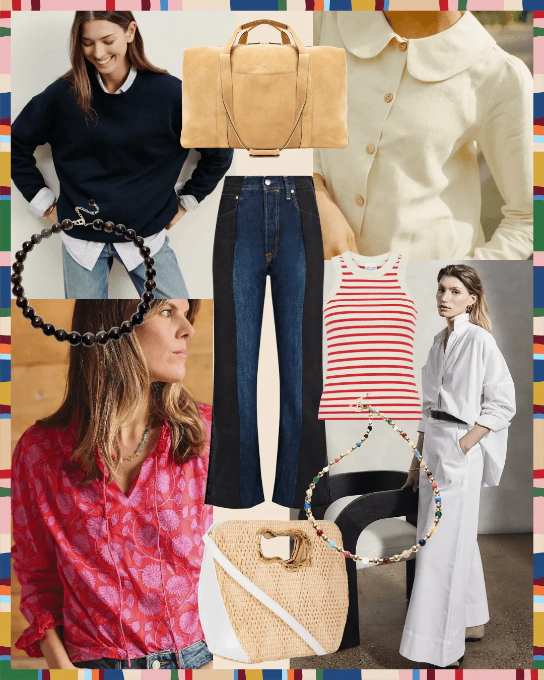 Collage of women's clothing, bags, and beaded jewelry in The FairGround's striped brand frame