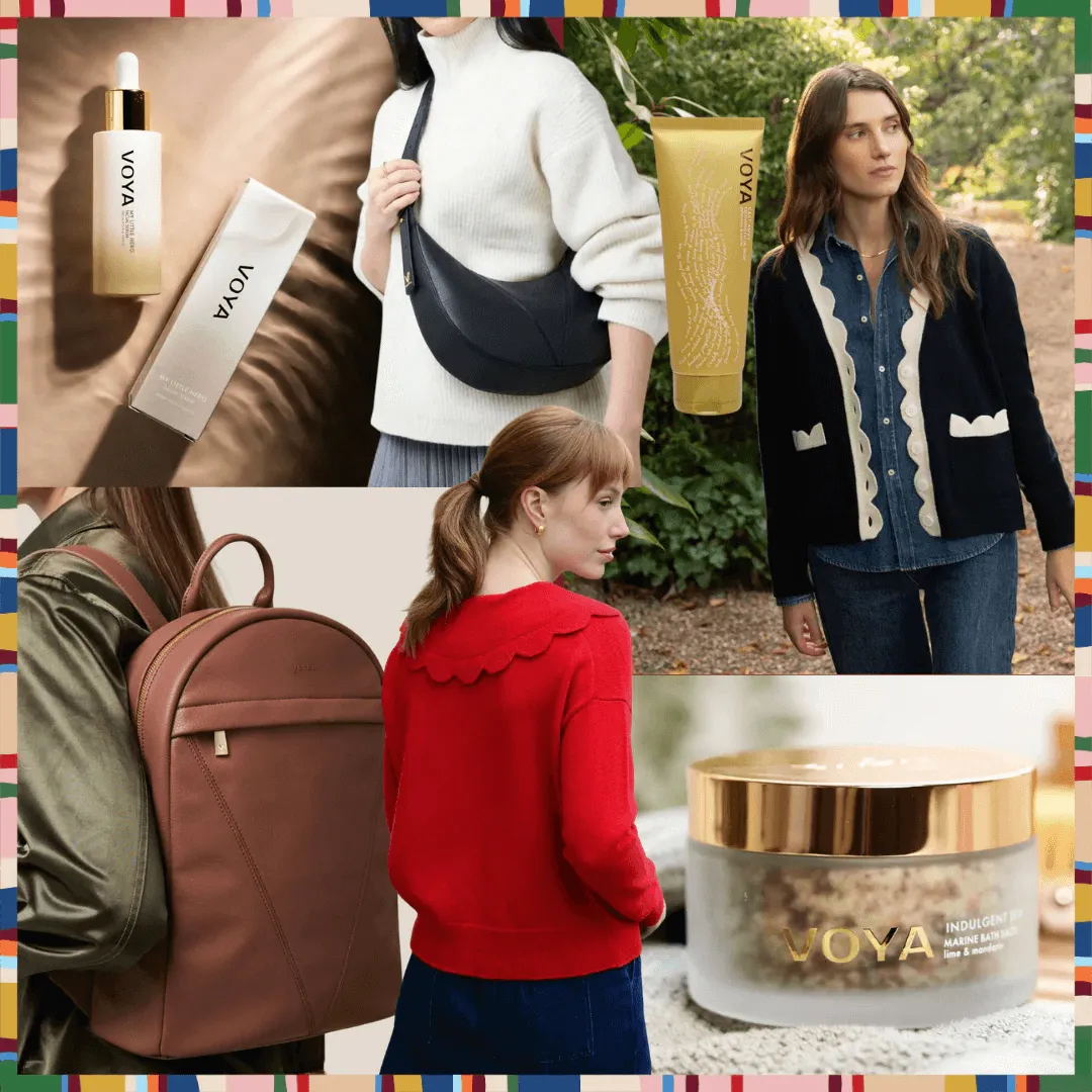 Collage of VOYA skincare, leather bags, and knitwear in The FairGround's striped brand frame