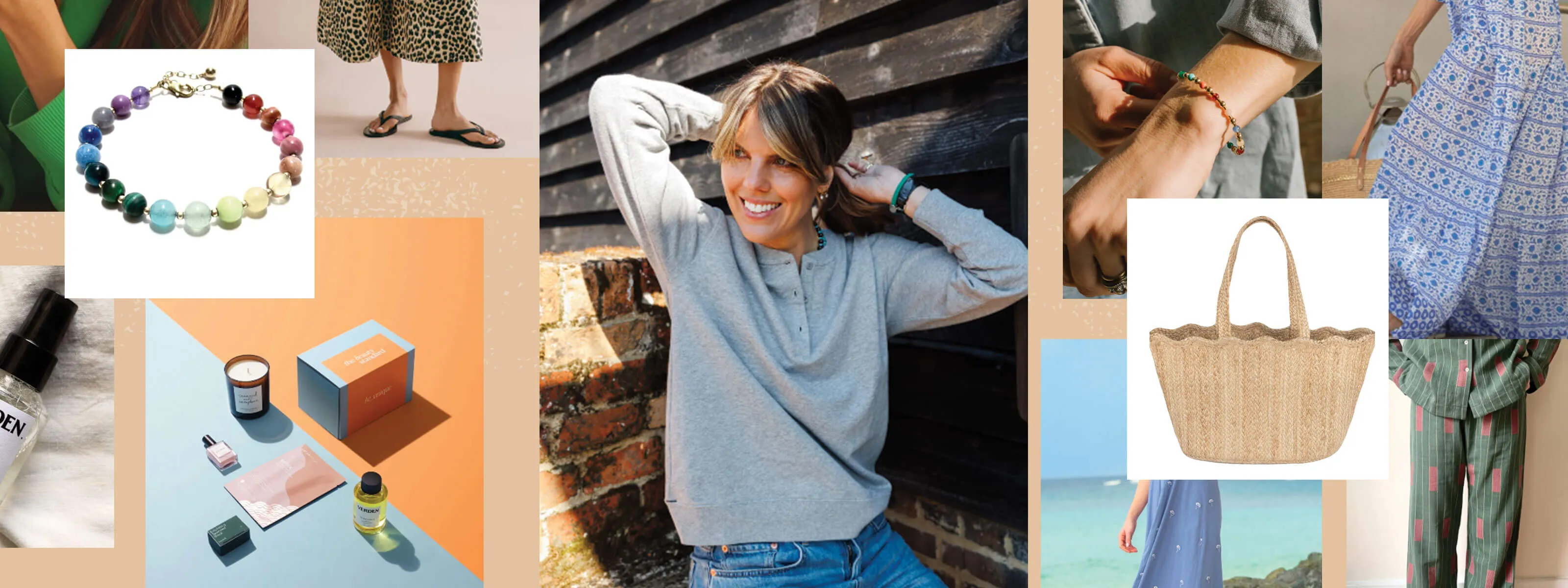 Smiling woman in a grey sweatshirt, surrounded by jewelry, beauty products, a woven bag, and printed clothing