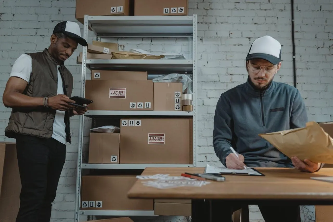 Two workers in a stockroom checking a tablet and paperwork beside shelves of boxes