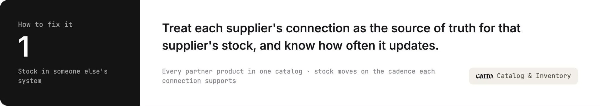 How to fix challenge 1, stock in someone else's system: treat each supplier's connection as the source of truth for that supplier's stock, and know how often it updates