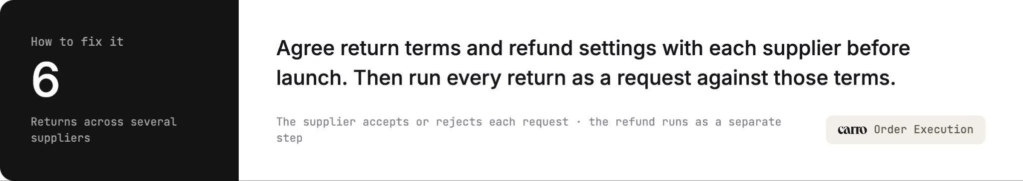 How to fix challenge 6, returns across several suppliers: agree return terms and refund settings with each supplier before launch, then run every return as a request against those terms
