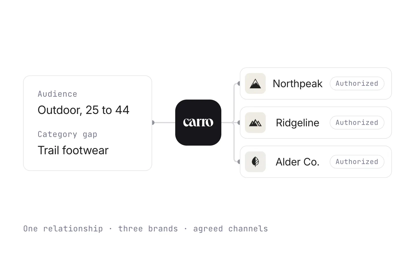 A retailer's audience and category criteria on the left, Carro in the middle, and three brands Carro is authorized to represent on the right.