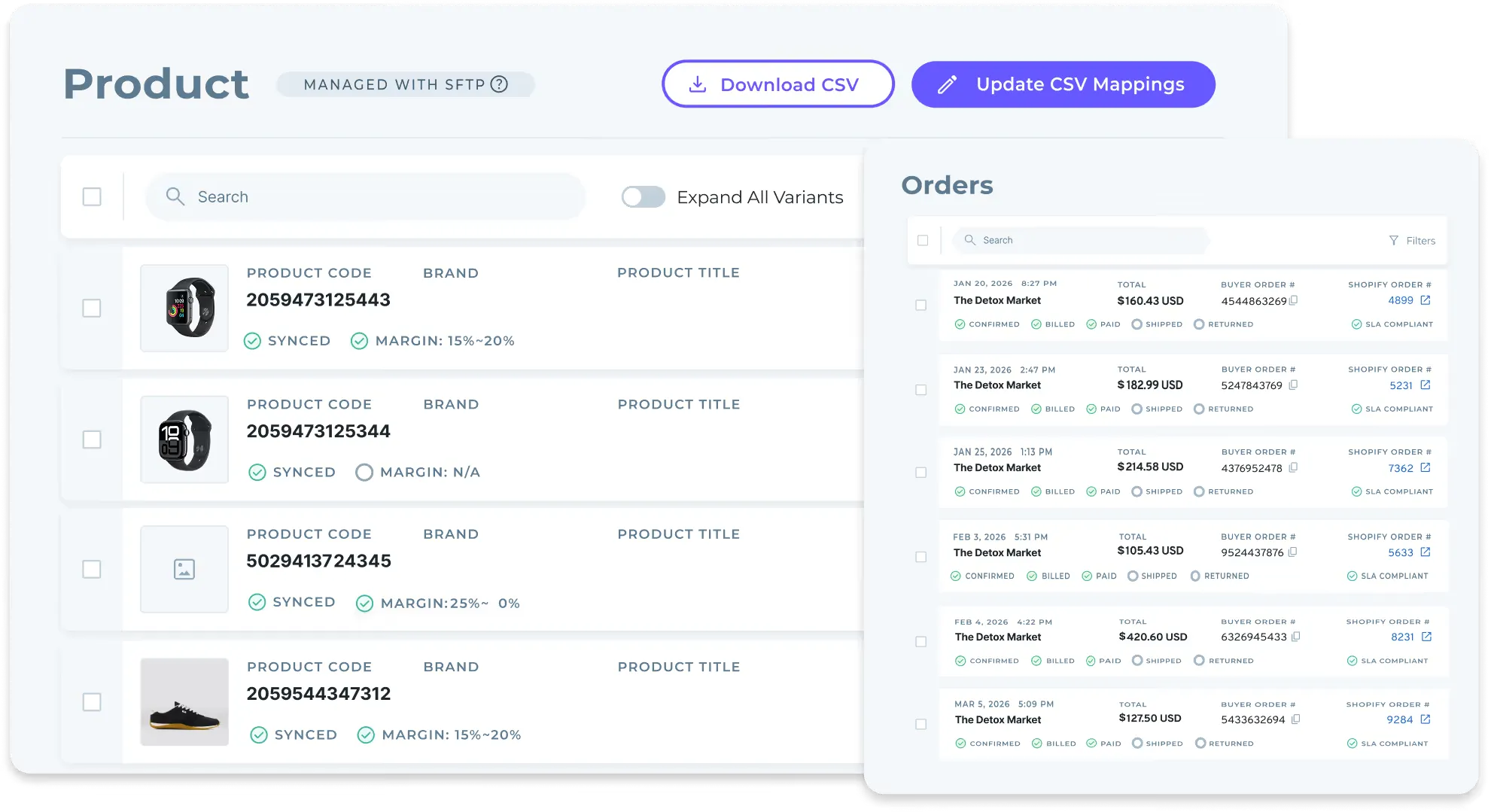 Carro product catalog and order views, with product sync and supplier order statuses.