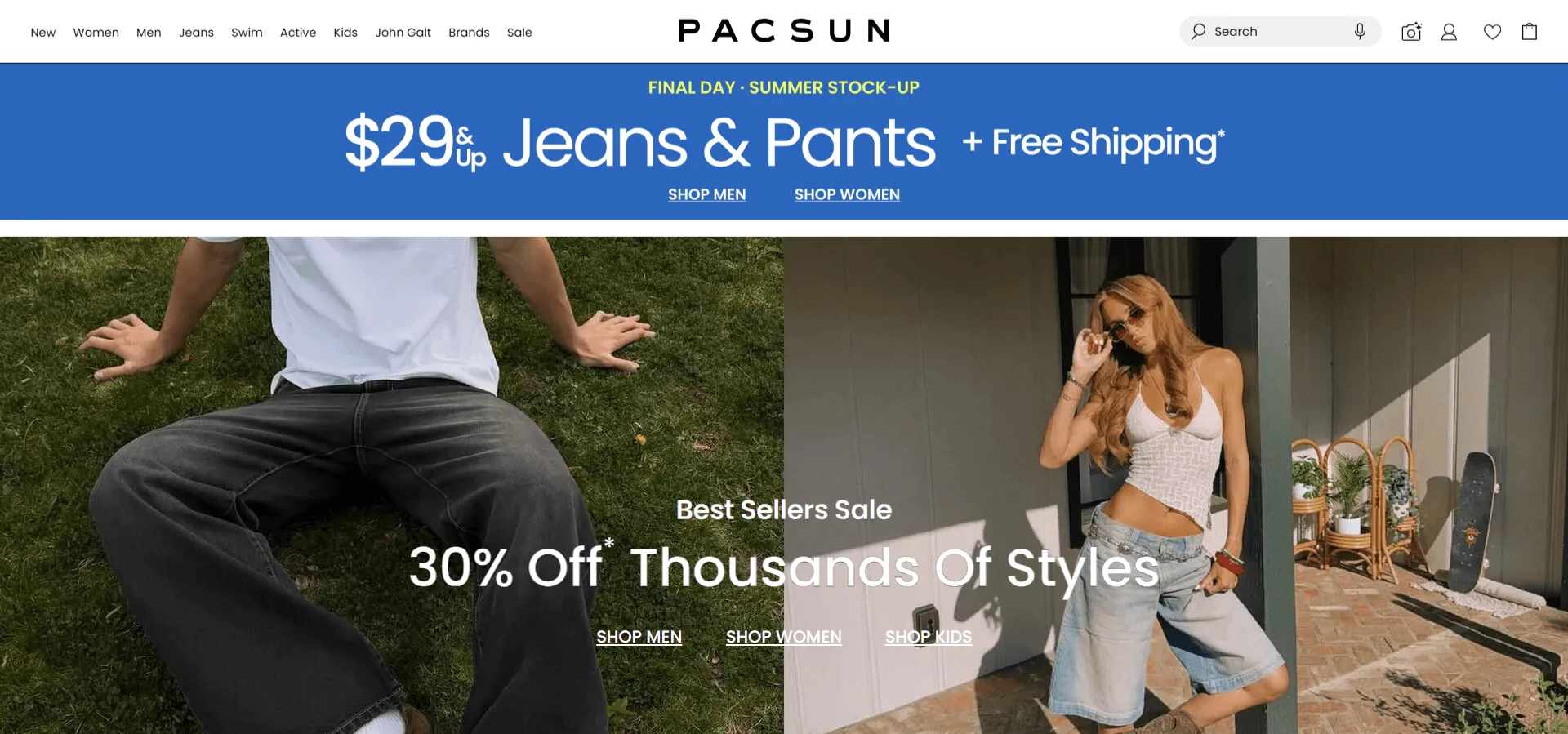 Pacsun online store homepage, with menus for Women, Men, Jeans, Swim, Kids, John Galt, and Brands