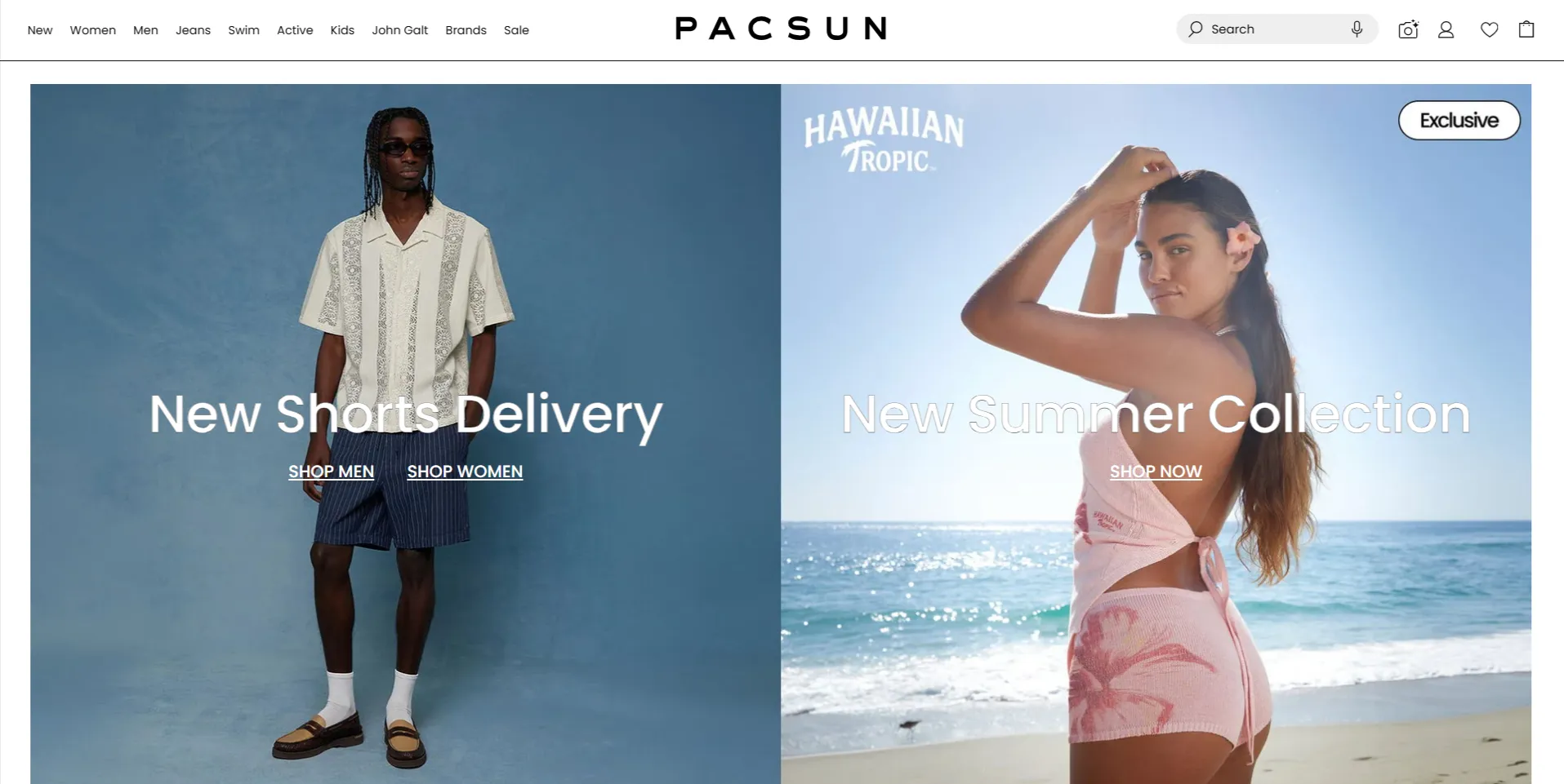Pacsun homepage promoting a new shorts delivery and an exclusive Hawaiian Tropic summer collection