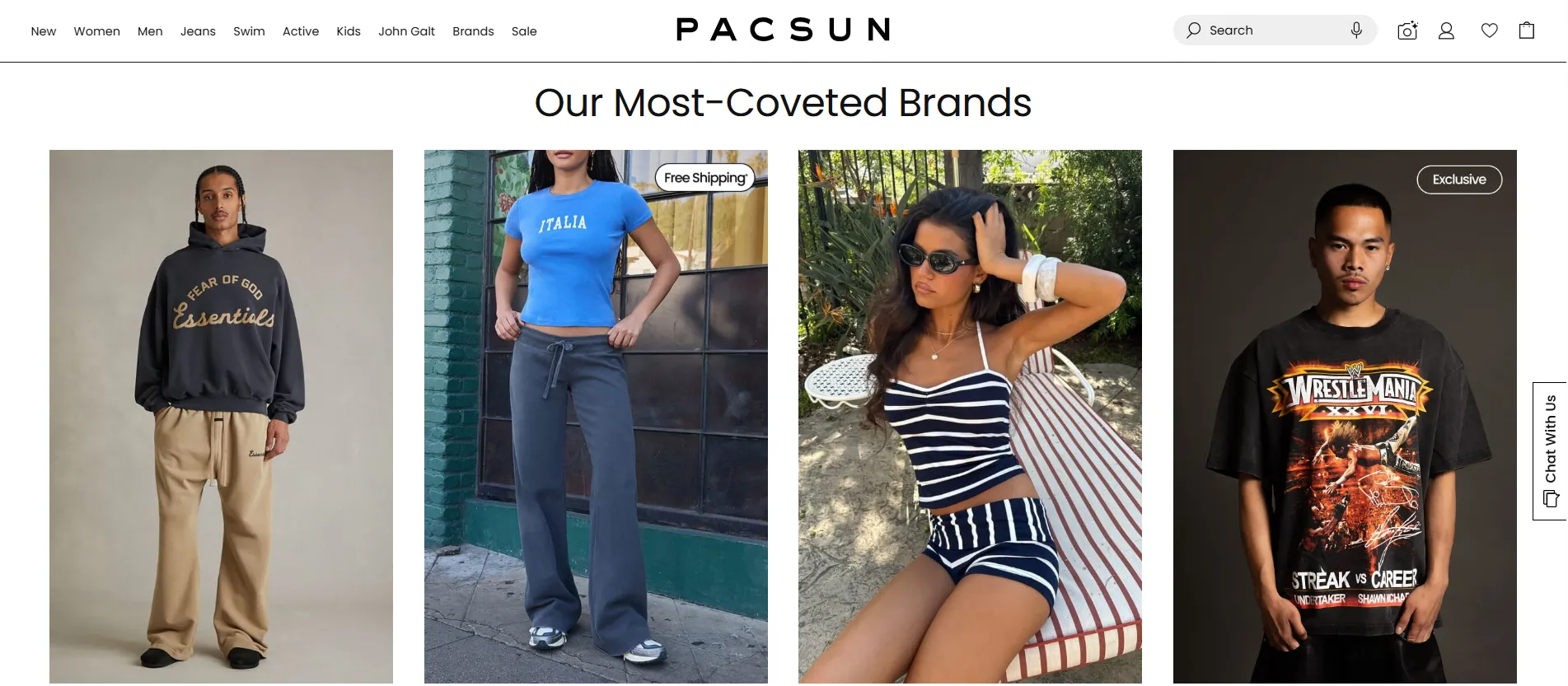 Pacsun's Our Most-Coveted Brands section, including Fear of God Essentials and an exclusive WrestleMania tee