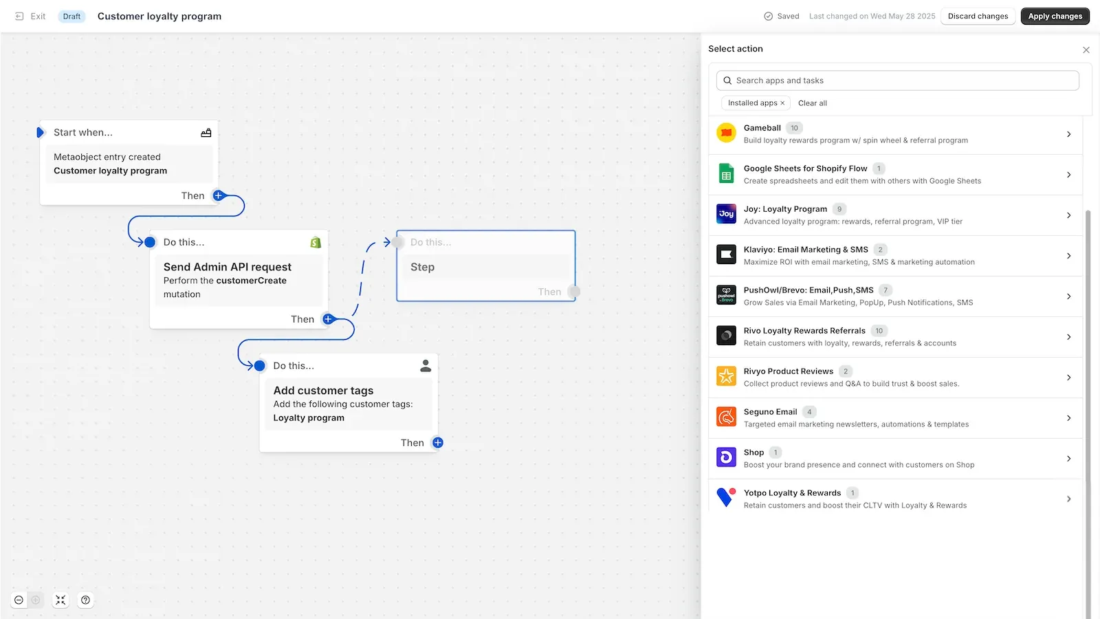 Shopify Flow editor with a workflow that starts when a metaobject entry is created, sends an Admin API request and adds customer tags, beside a panel of apps to pick an action from