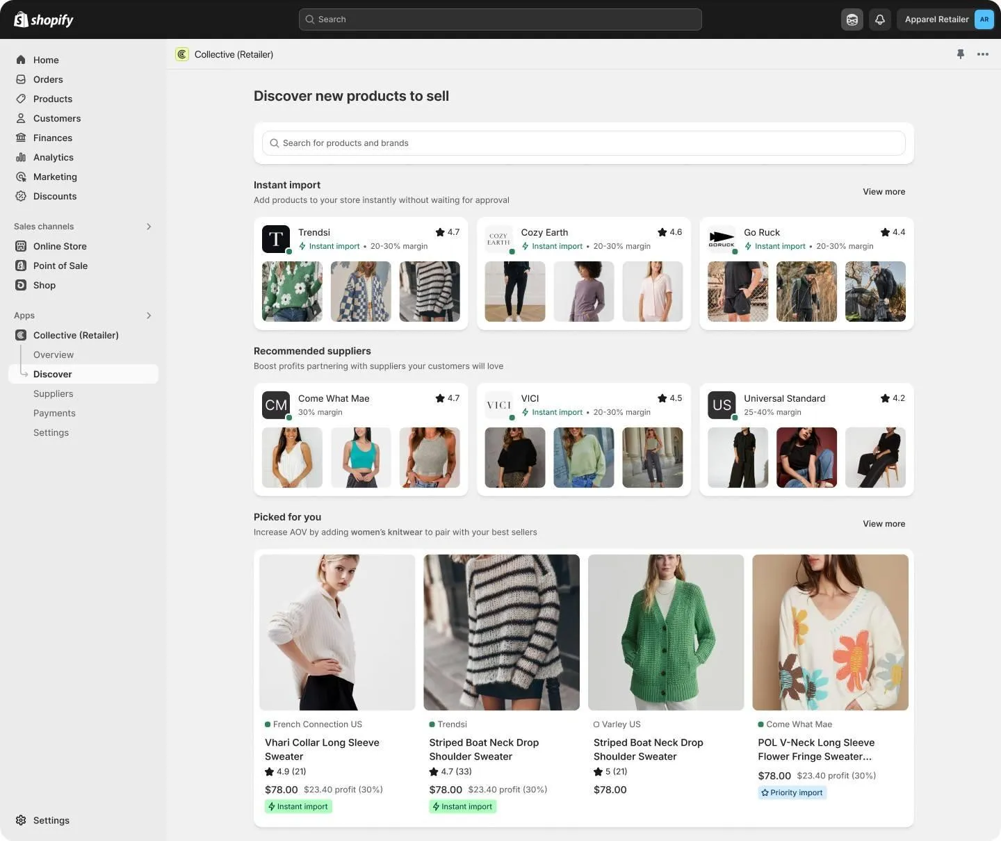 Shopify Collective Discover page in a retailer's Shopify admin, with instant-import brands, recommended suppliers and products picked for the store, each with a margin