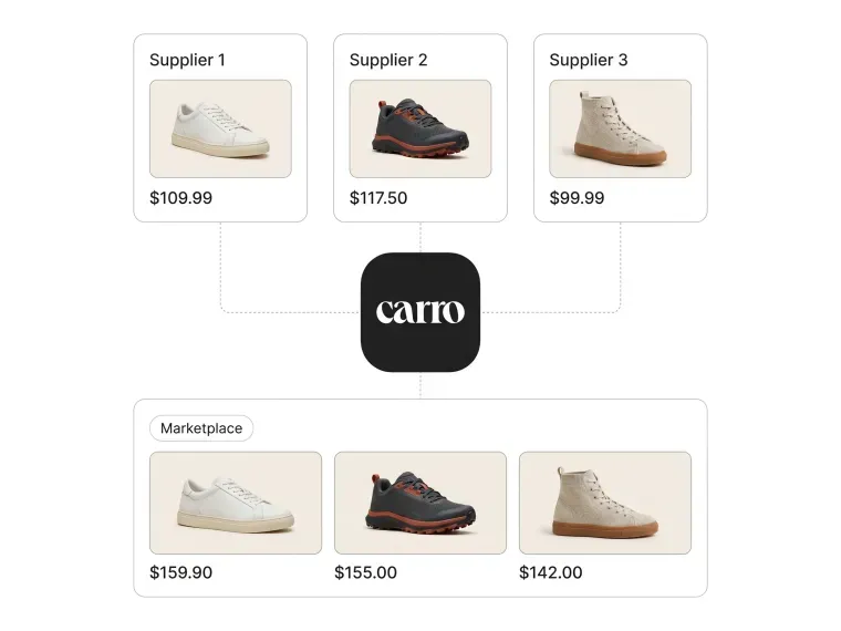 Products from three suppliers pass through Carro into one marketplace storefront, each at its own retail price