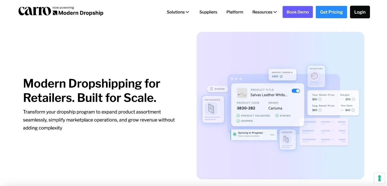 Carro homepage with a product sync card showing retail price, margin, and order status