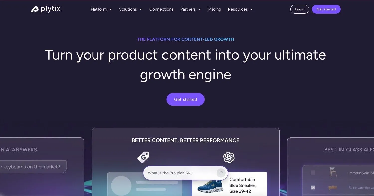 Plytix homepage with an AI answer mockup showing a blue sneaker