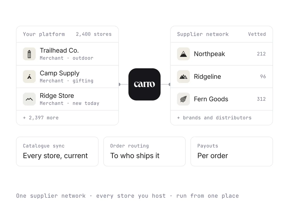 Stores on the platform on the left and a vetted supplier network on the right, joined by Carro, with catalogue sync, order routing, and payouts below.