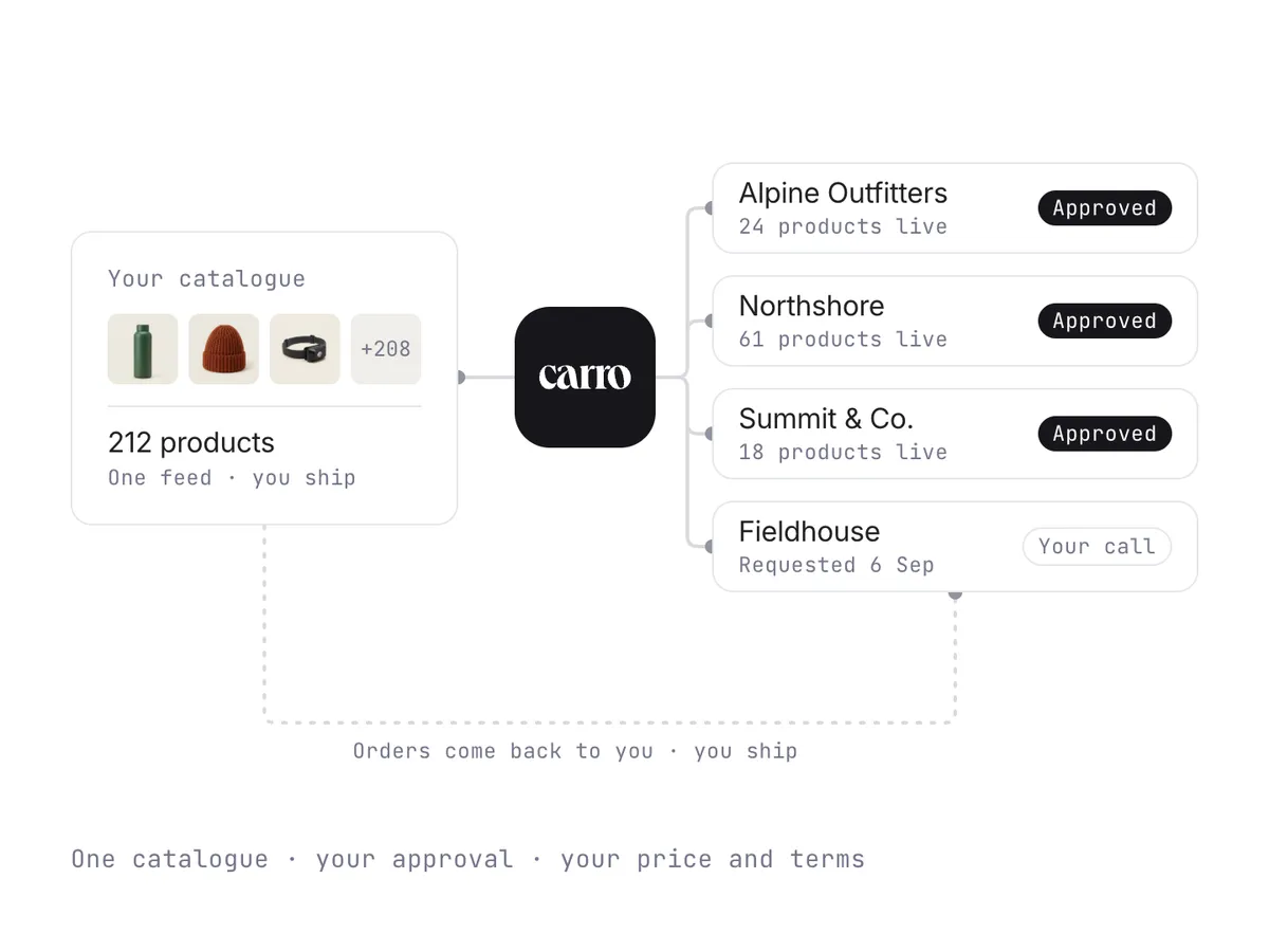A supplier's catalogue feeding four retailers through Carro, three approved and one awaiting the supplier's decision, with orders coming back to the supplier to ship.