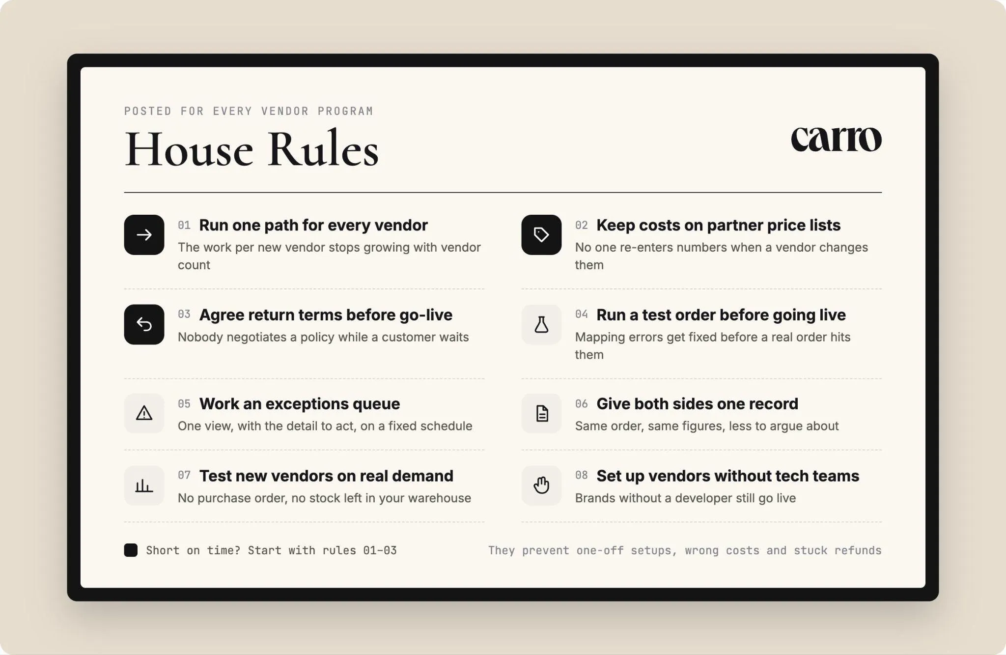 A House Rules board listing eight vendor management best practices, from running one path for every vendor and keeping costs on partner price lists to setting up vendors without tech teams
