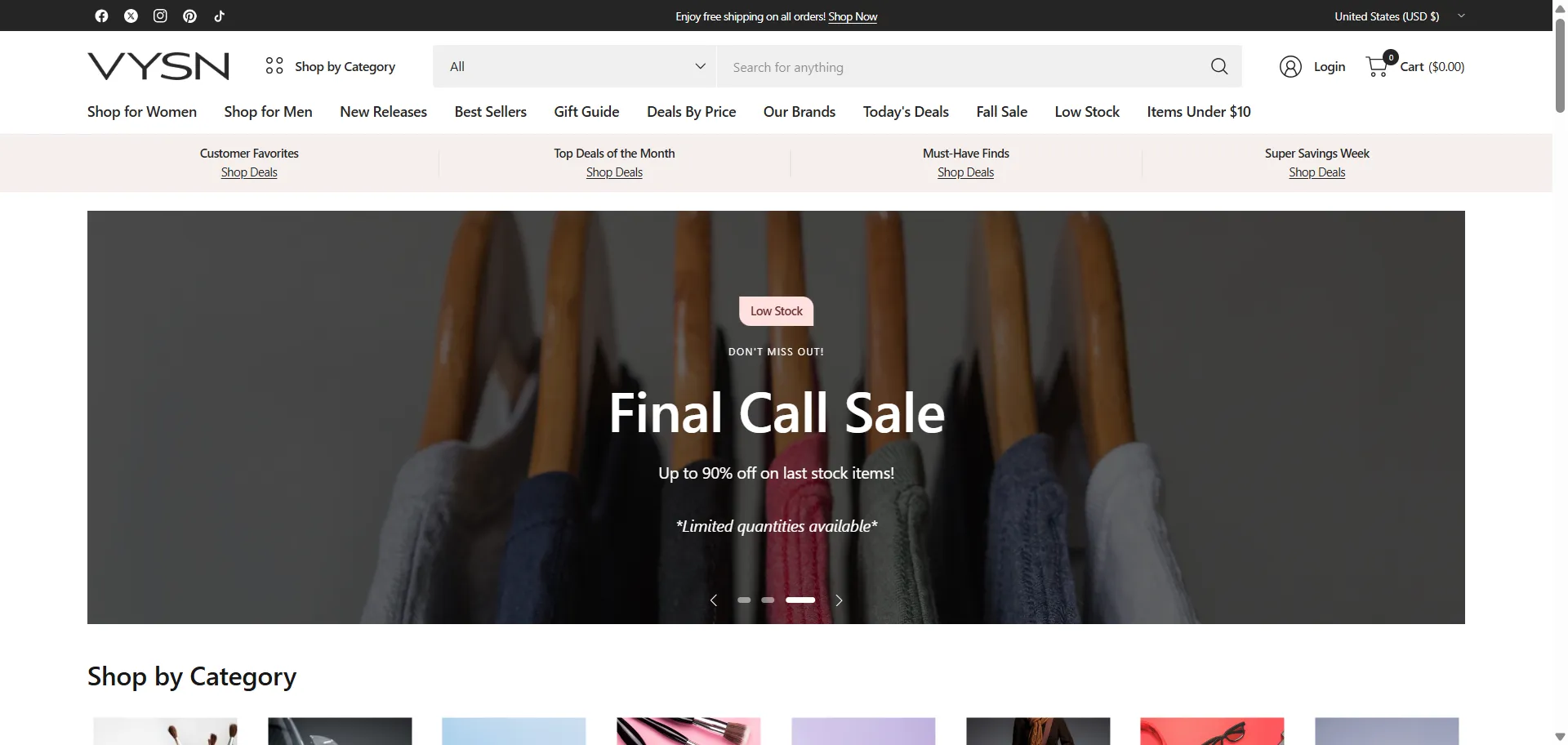 VYSN storefront homepage with category and brand menus and a Final Call Sale banner