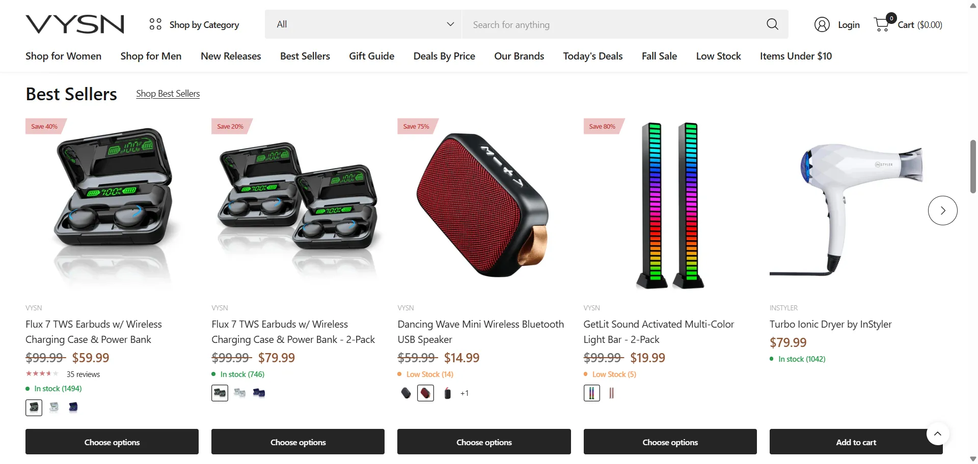 VYSN Best Sellers row with earbuds, a Bluetooth speaker, light bars, and an InStyler hair dryer