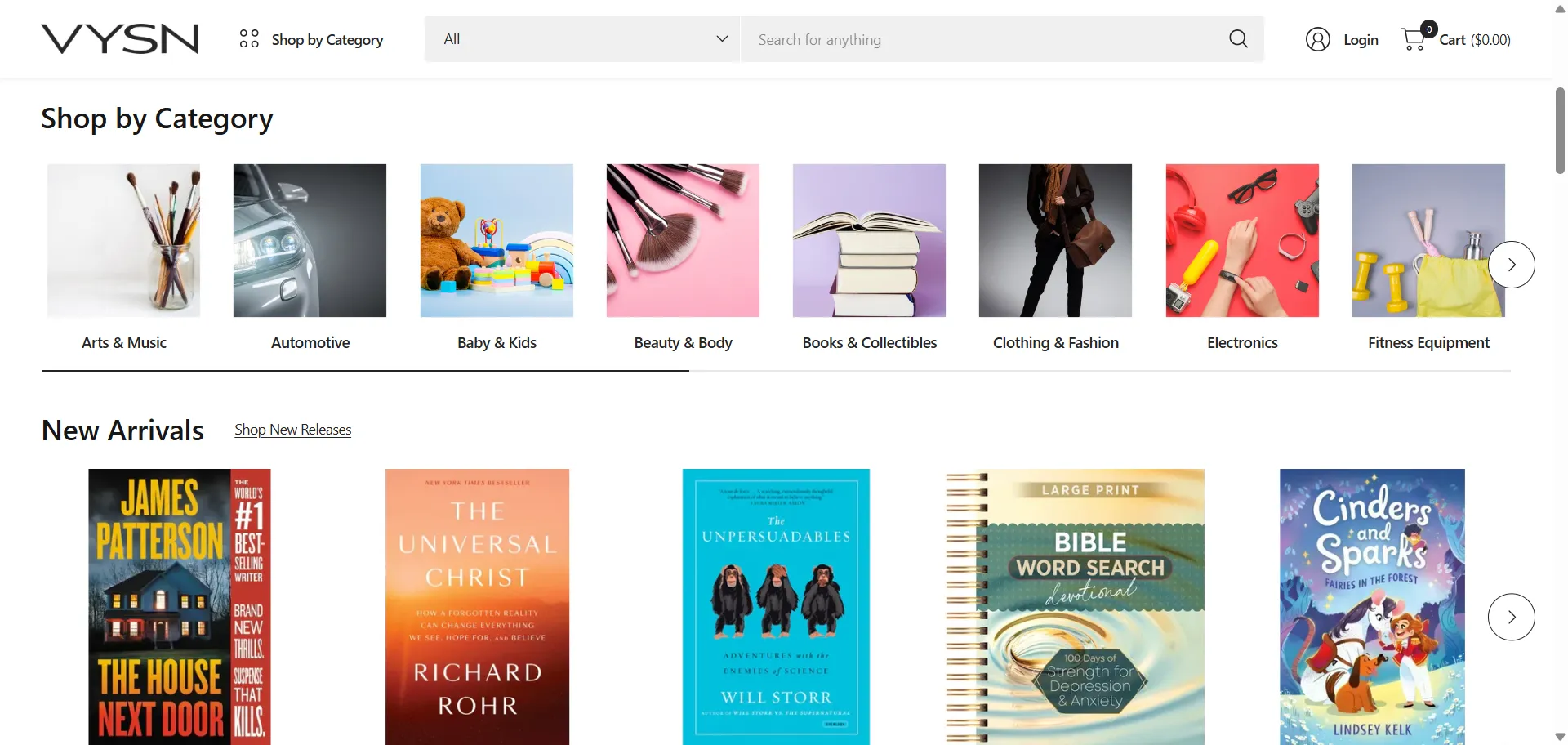 VYSN categories from Arts & Music to Fitness Equipment, above a row of new-arrival books