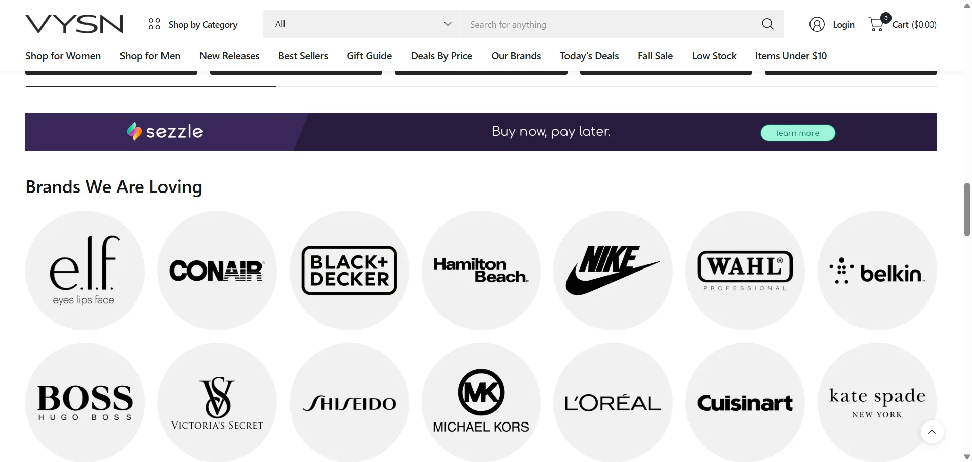 VYSN's Brands We Are Loving section, with logos including Nike, Conair, Cuisinart, and Michael Kors